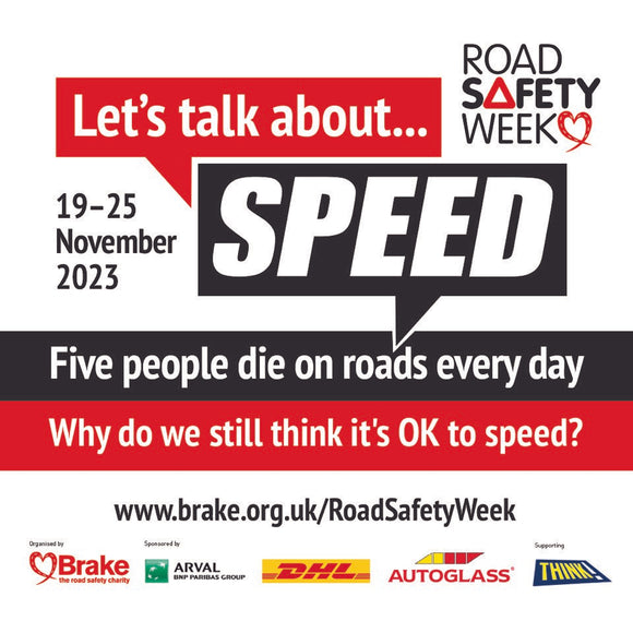 Road Safety Week 2023 logo - Let's talk about speed